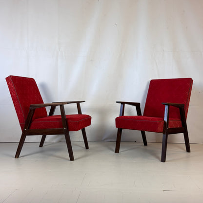 Pair of Hungarian Retro Armchairs in Original Red Fabric, 1960s