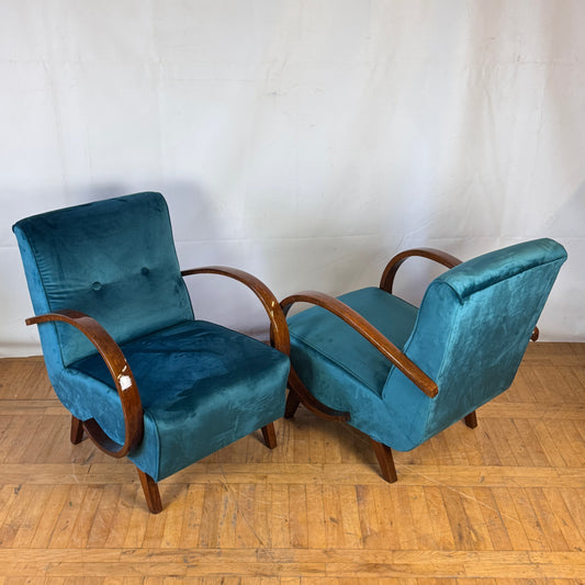 Pair of fully restored blue Jindrich Halabala H-410 art deco armchairs 1930s